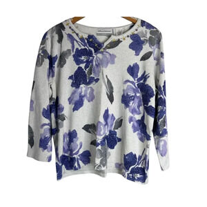 Alfred Dunner Petite Metallic‎ Shimmer Cream Floral 3/4 Sleeve Sweater Size PL